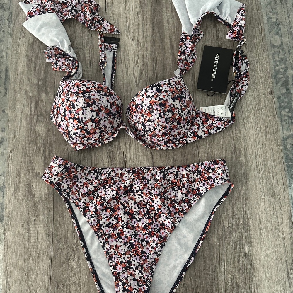PLT MULTI DITSY FLORAL PRINT CUPPED FRILL STRAP HIGH WAISTED BIKINI SET SZ US 8